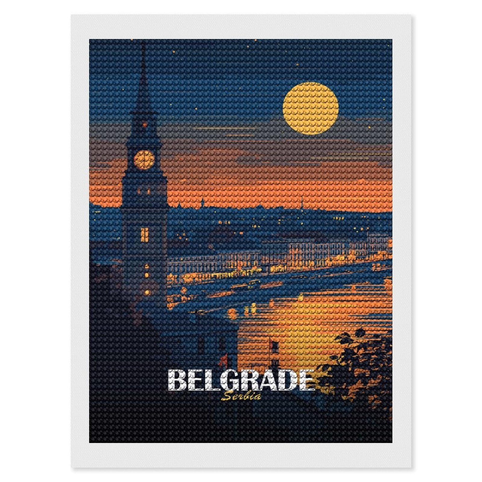 Junmoney Belgrade, Serbia at Night DIY Diamond Art Canvas Kit 12"x16", Complete Accessories, Creative Leisure Activity, Home Wall Decor, Gift Idea