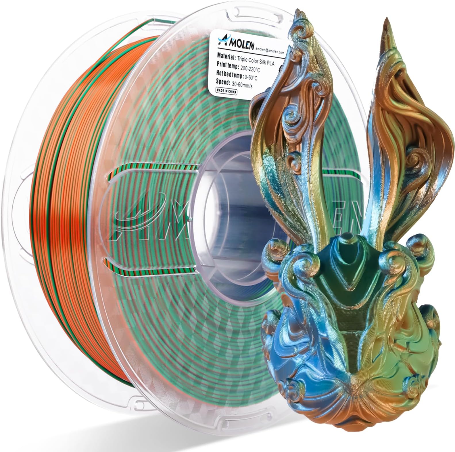 Silk PLA 3D Printer Filament, Tri Color Blue Green Orange PLA 1.75mm, Shiny Multi Color Change Filament 3D Printing PLA Filament for Most FDM 3D Printer, 1kg Spool(2.2lbs)