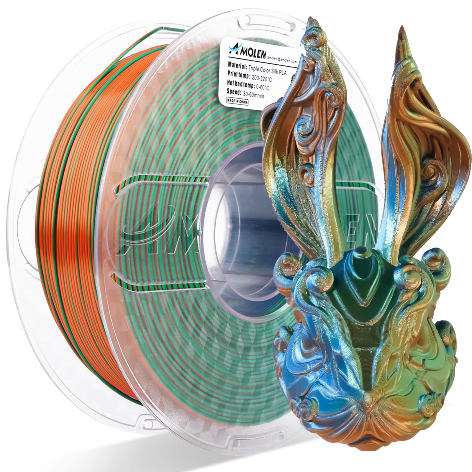 AMOLEN Silk PLA 3D Printer Filament, Tri Color Blue Green Orange PLA 1.75mm, Shiny Multi Color Change Filament 3D Printing PLA Filament for Most FDM 3D Printer, 1kg Spool(2.2lbs)