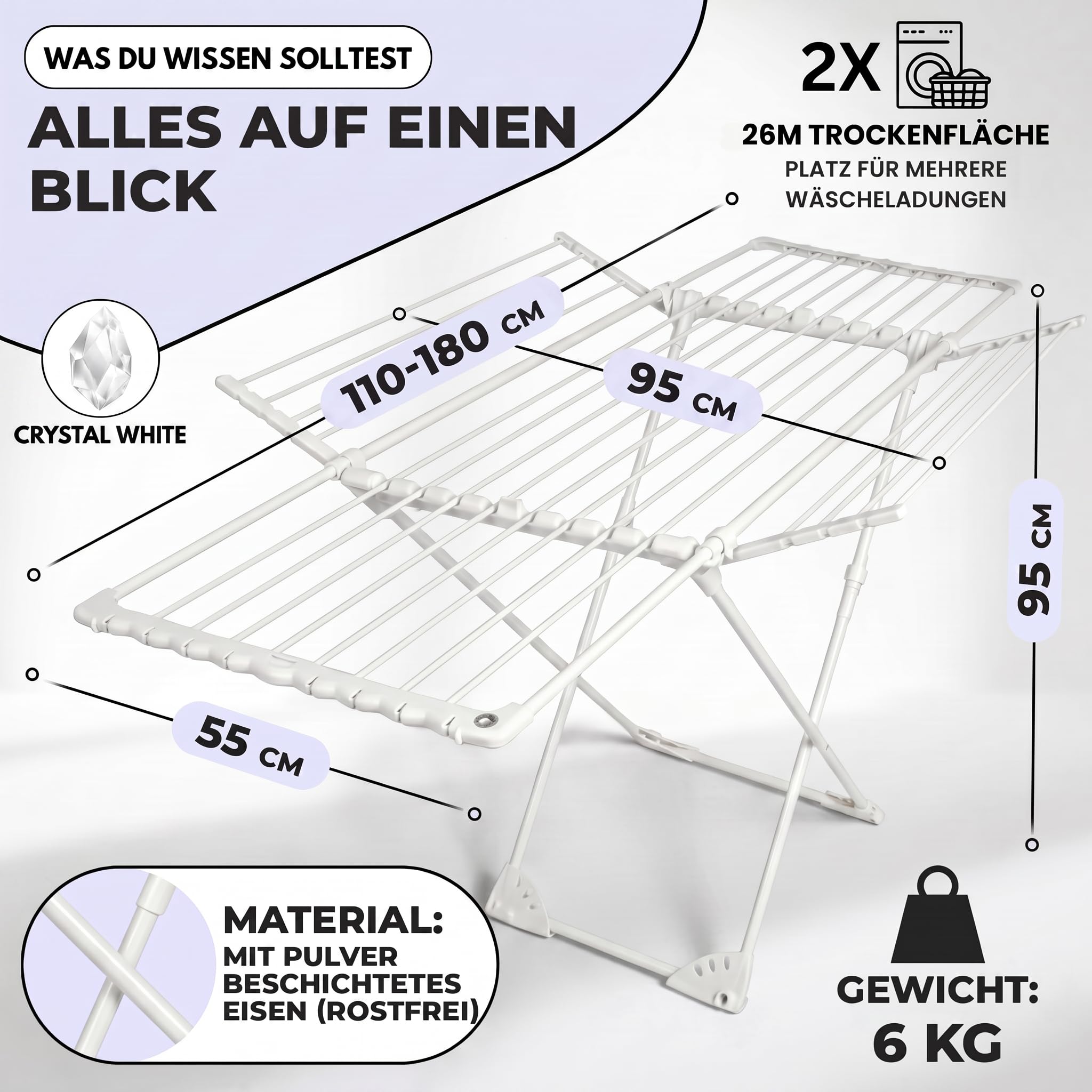 MONDHEIM® Obsidian | XXL Teleskop Wäscheständer 26M TROCKENLÄNGE | abnehmbare Querstrebe | Flügelwäscheständer platzsparend | nutzbar für Balkon oder Terasse (Weiß)
