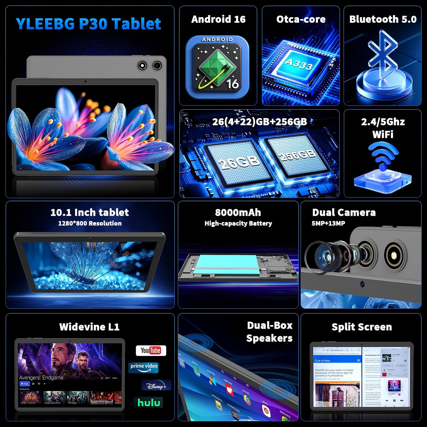 2026 Android 16 Tablet with Keyboard, Gemini AI, 10 inch Tablet with 26GB+256GB+2TB Expand, Electronic AI Tablet with 8-Core, 5G WiFi, 8000mAh, GPS, 2in 1 Tablet PC with Case, Mouse, Stylus (Black)