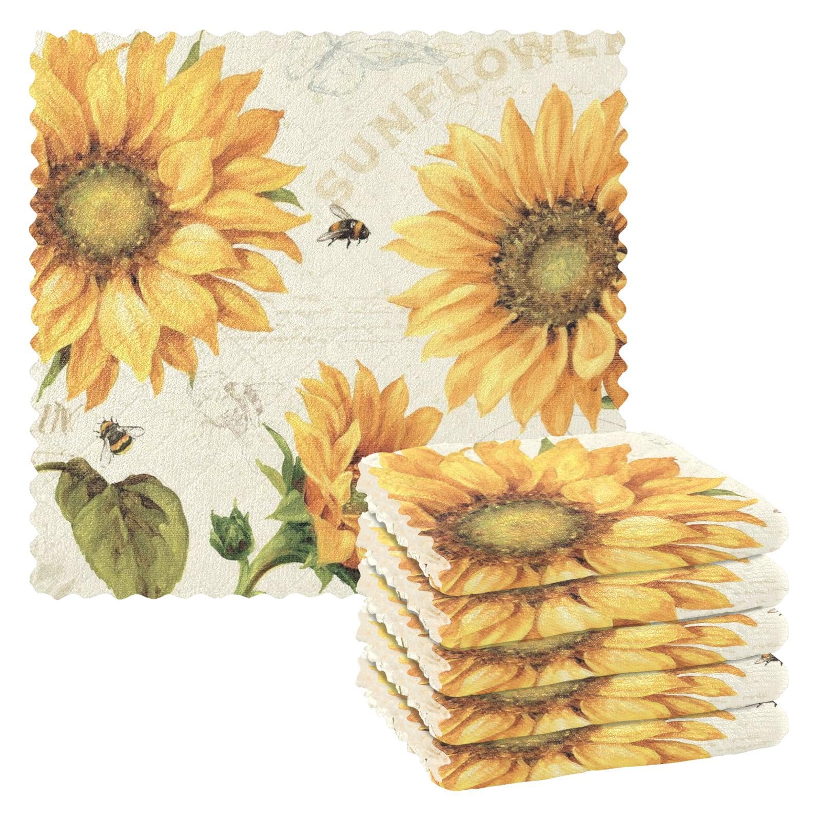 Microfibre Cleaning Cloths Vintage Sunflower Bee Reusable Dish Cloths for Washing Up 6 Pack Swedish Dishcloth Microfibre Cleaning Towels Washable Duster Rags Cloth Home