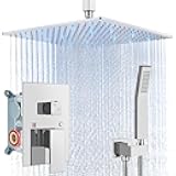 Aolemi Ceiling Mount Shower Faucet Set with Handheld Spray High Pressure Shower Faucets Sets Complete Rough-in Valve and Shower Trim Kit System Included Rainfall Polish Chrome 16 Inch LED Shower Head