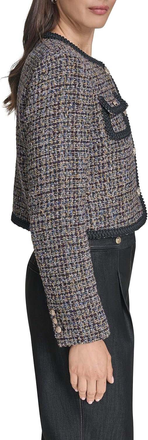 BCBG Women's Long Sleeve Braided Trim Novelty Tweed Cropped Button Front Jacket - Image 3