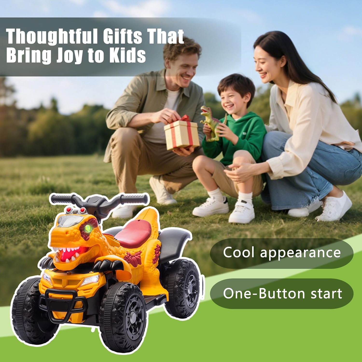 Bluefun Dinosaur Electric Ride On ATV 4 Wheeler for Kids,12V ATV Electric Car with Music,Bluetooth & LED Lights,Birthday Gift for Ages 3 (Yellow)