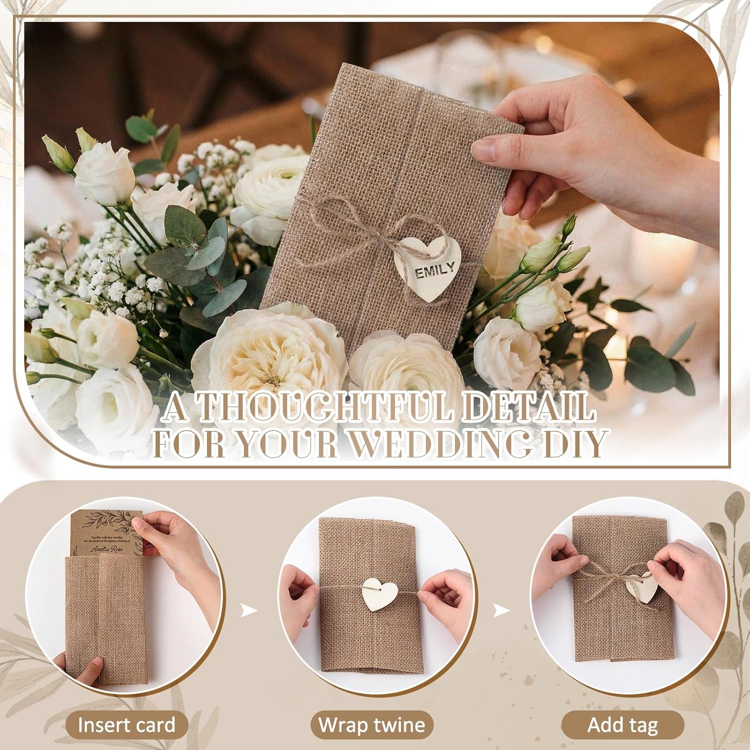 Tosstuki 50 Sets Pre-folded burlap Wedding Invitation Jackets for 5x7 Cards, Rustic Wedding Wraps with Wooden Heart Pendants Accessories for Bridal Shower & Vintage Party Decor