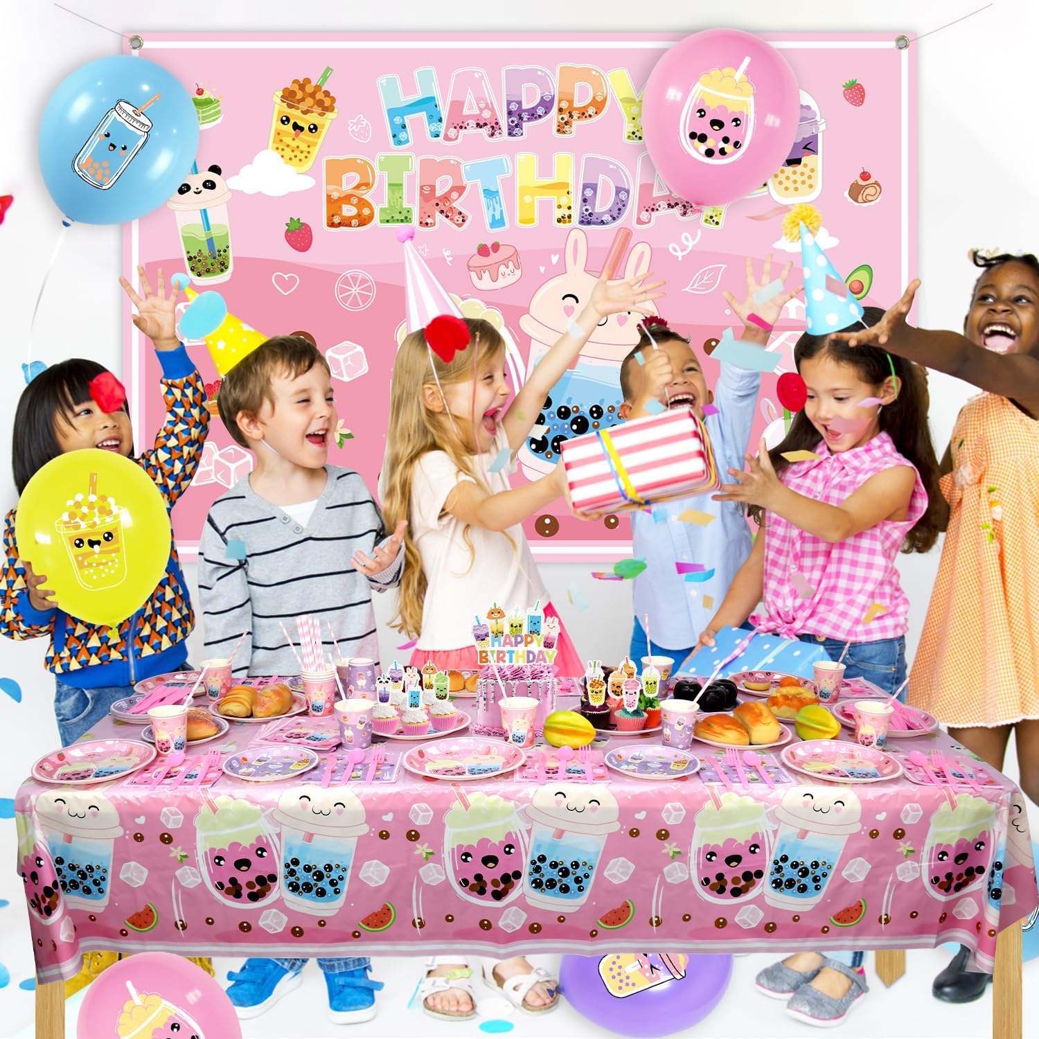Bubble Tea Birthday Decorations - Milk Tea Party Supplies Include Backdrop, Cake Topper, Plates, Cups, Napkins, Balloons, Tablecloth for Girls Birthday Party - Serves 20