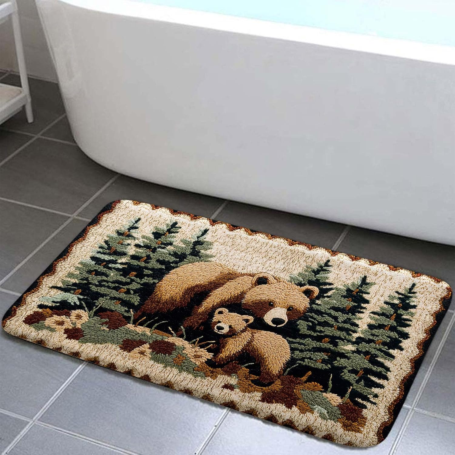 Bear Rug Mat Farmhouse Bathroom Mats Sets 3 Piece Animal Black Bear Forest Trees Rustic Cabin Carpet Camping Bath Rug Sets for Bathroom Bedroom Kitchen Outdoor Indoor Bathroom Rug and Toilet Lid Cover
