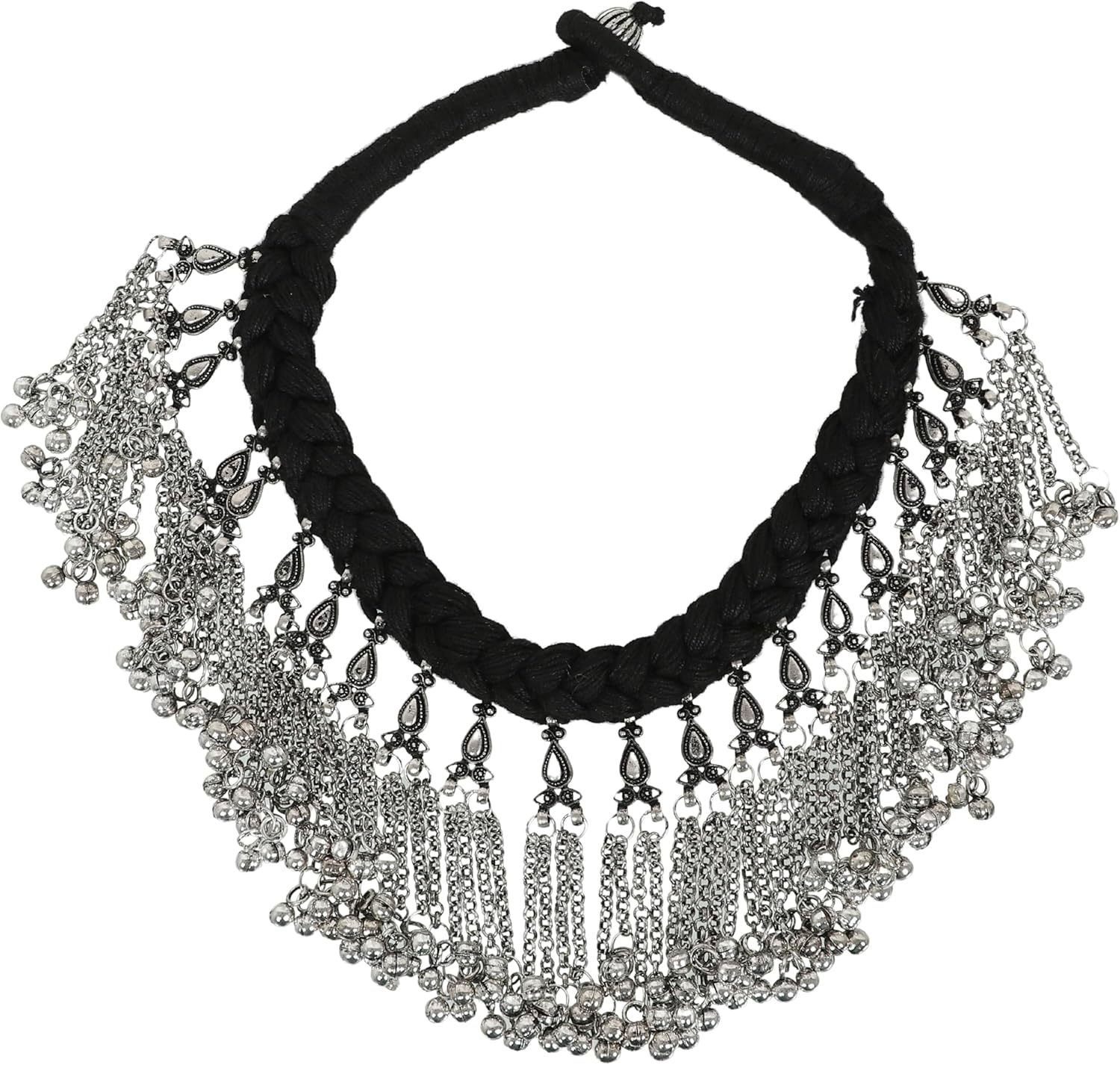 Indian Ethnic Antique Afghani Silver Oxidized Polish Ghungroo Bells Boho Gypsy Tribal Statement Multi Mirror Stone Choker Thread Necklace Earrings Jewelry for Women