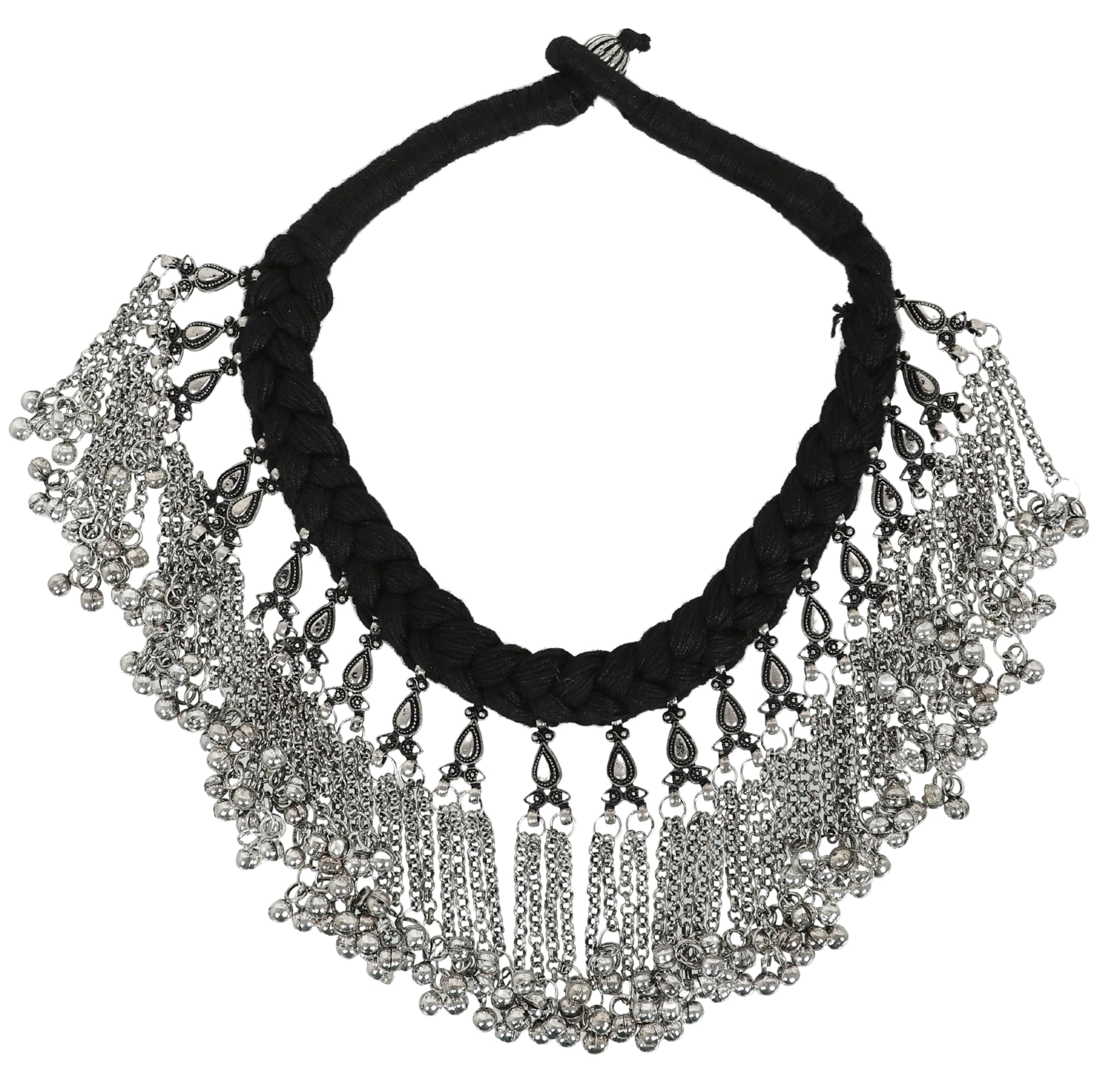 Jewel IndiaIndian Ethnic Antique Afghani Silver Oxidized Polish Ghungroo Bells Boho Gypsy Tribal Statement Multi Mirror Stone Choker Thread Necklace Earrings Jewelry for Women