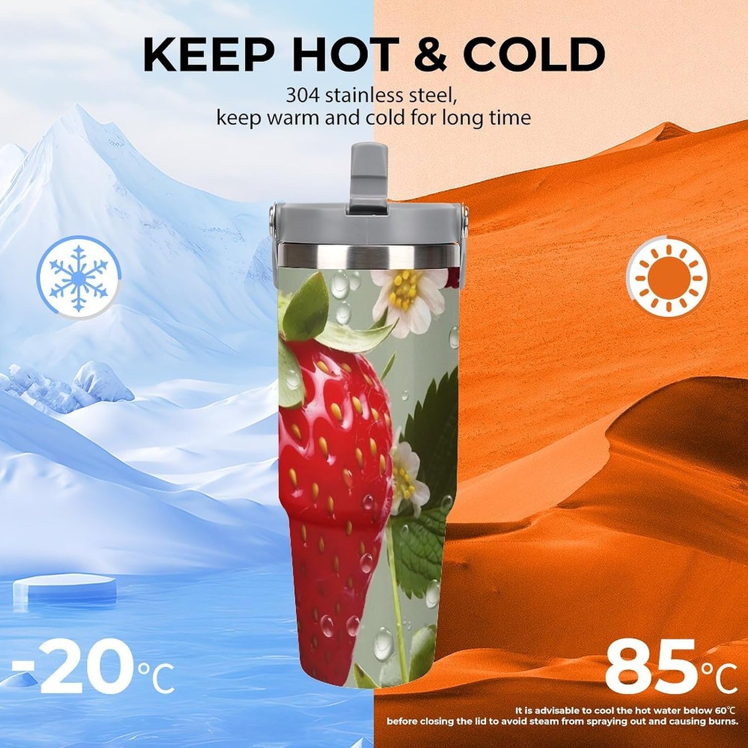 30oz Insulated Tumblers with Top Handle, Stainless Steel Lovely Strawberry Car Cup with Straw for Gift, Leak-Proof Double Wall Vacuum Travel Mug, Personalized Water Bottles White