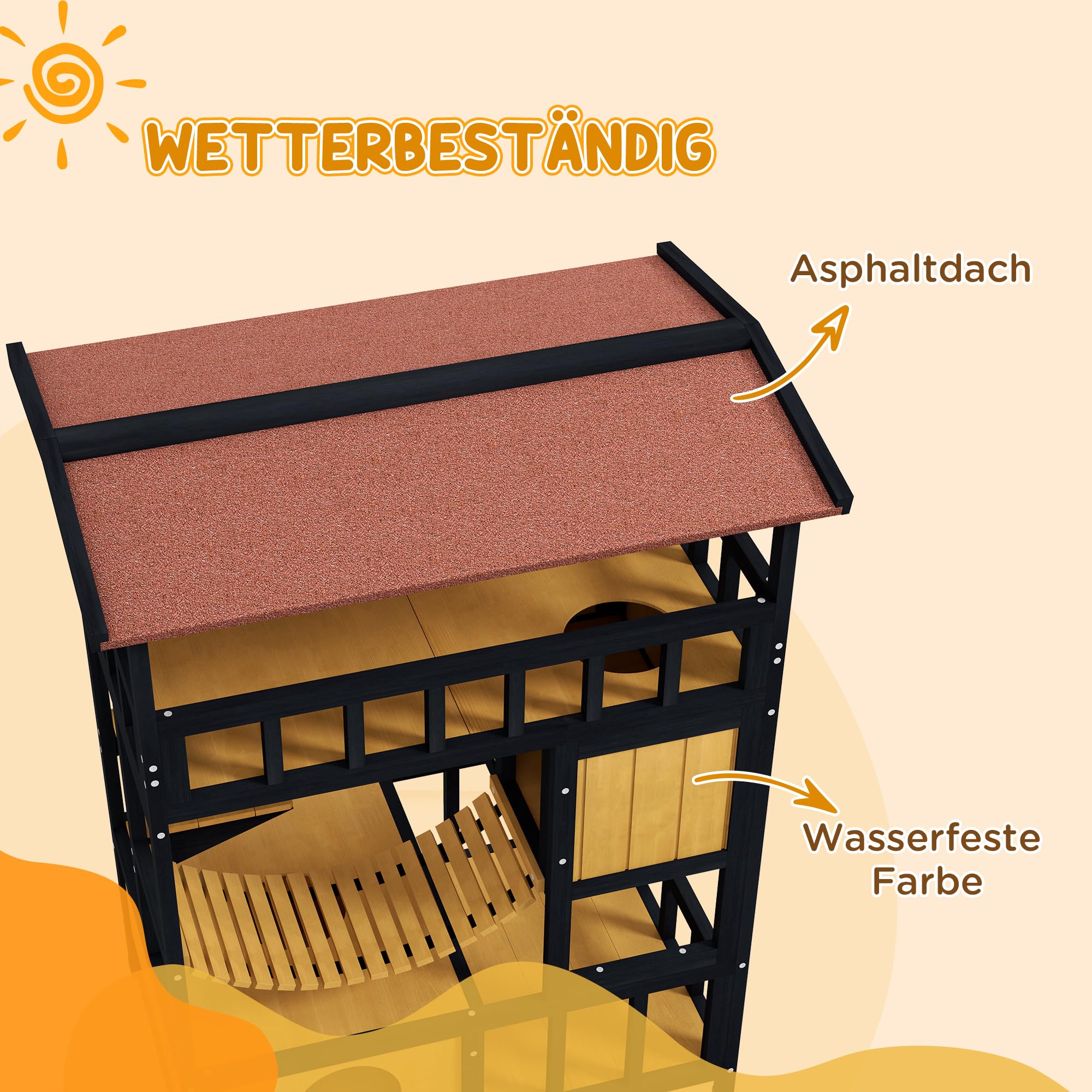 PawHut maison en bois pour chats Cave à chats avec plates-formes, pont suspendu, niche pour jusqu'à 2 chats, intérieur et extérieur, jaune