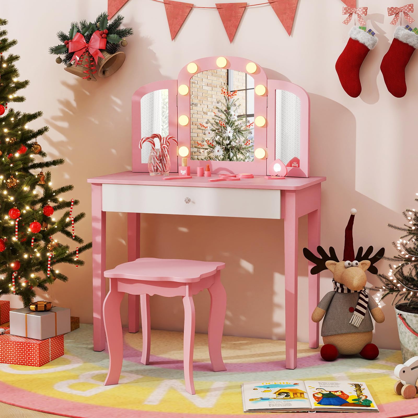 COSTWAY 2 in 1 Kinder Schminktisch mit Beleuchtung, Frisiertisch mit Schublade, klappbarem & 3 farbigem Spiegel, Prinzessinnen Kosmetiktisch mit Hocker, Schminkkommode für Mädchen ab 3 Jahren (Rosa)