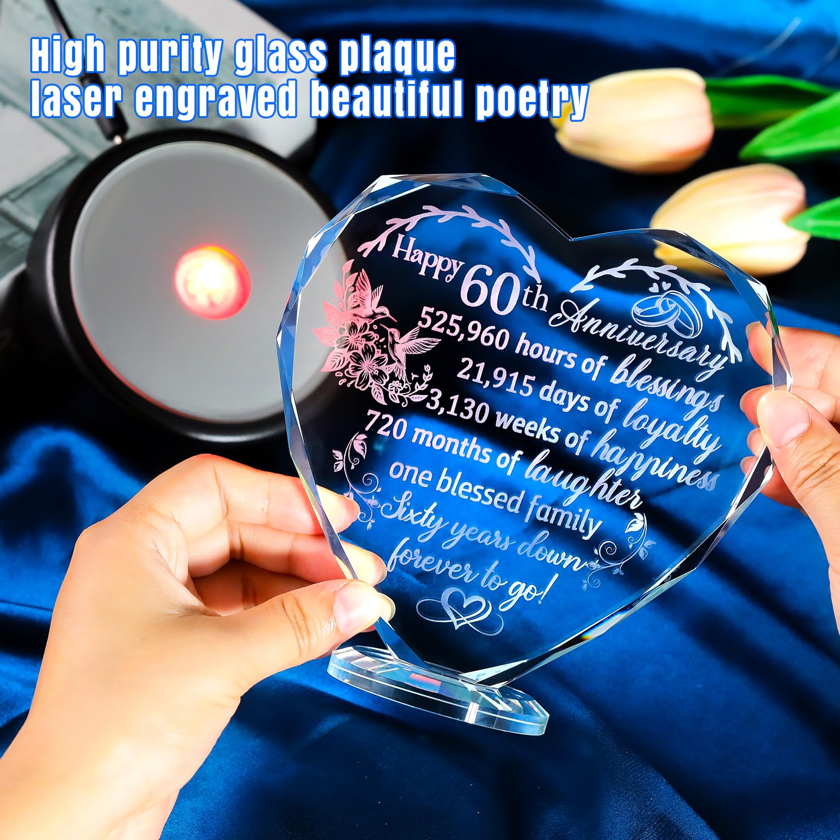 60th Wedding Anniversary Heart Love Gifts for Wife Parents Happy 60th Glass Heart Keepsake with LED Base Ornaments 60 Years Anniversary Wedding Presents for Women Friends Couples - Image 3