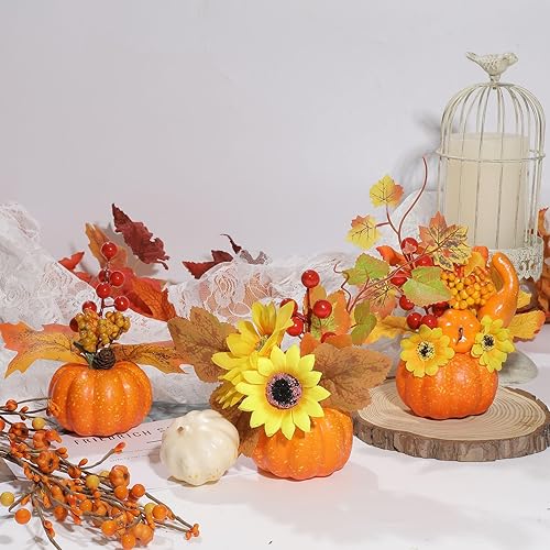 Miniatura 6 de U'Artlines 3 calabazas artificiales de Acción de Gracias, mini calabazas falsas con hojas de arce y bayas, flores artificiales para cosecha de
