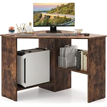 GIANTEX Corner Desk, Space-Saving Triangle Computer Desk with Storage Shelves & CPU Stand, Modern Makeup Vanity Table for Bedroom, Writing Desk for Small Spaces Rustic Brown