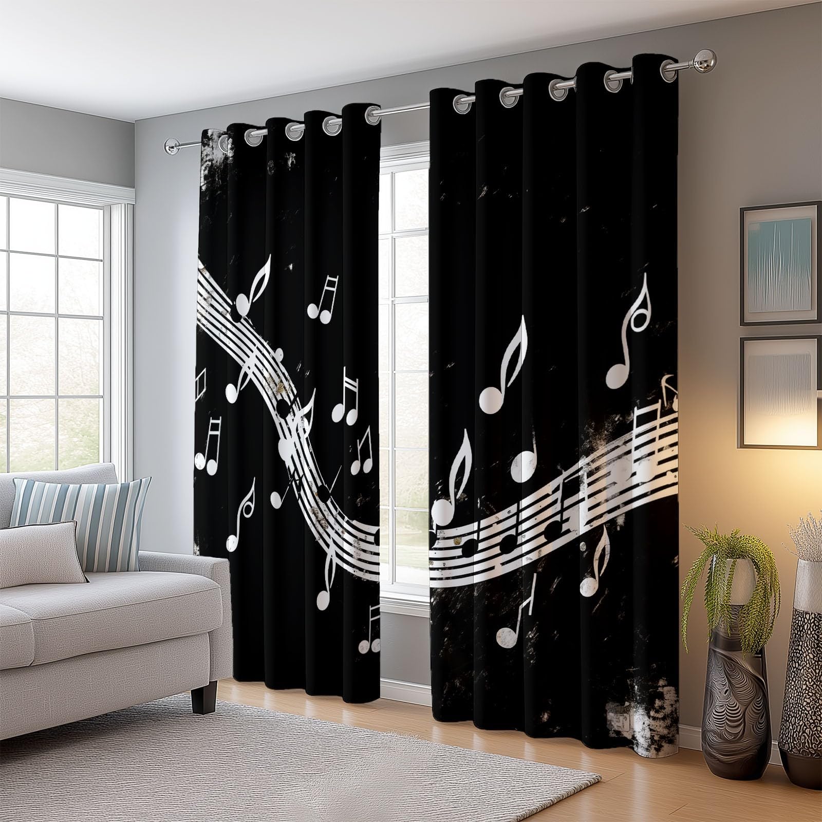 Rideaux Longs 140L X 260H cm (2 Panneaux), Notes De Musique Simples Imprimé, Tissu Occultant Épais pour Grand Salon et Loft, Noir