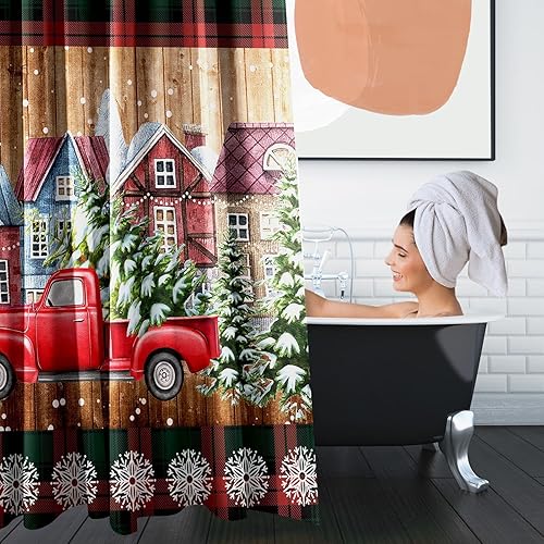 Miniatura 6 de Juego de cortinas de ducha de 4 piezas, camión a cuadros de Navidad verde y rojo con alfombras antideslizantes, cubierta para tapa de inodoro y
