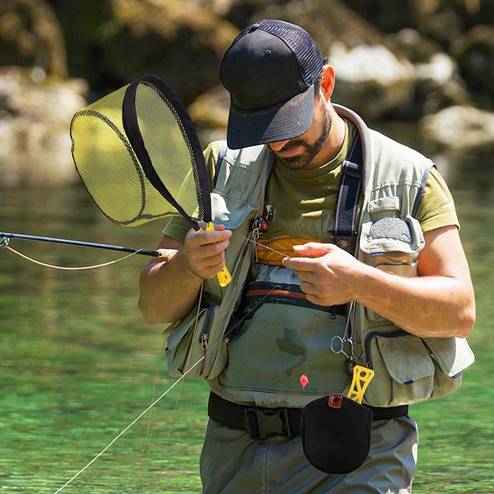 Retino pieghevole – Rete elastica per pesca alla mosca per trota, ideale per stagno, lago, fiume, mare, compatto e portatile per kayak, barca, uomo, donna, bambini
