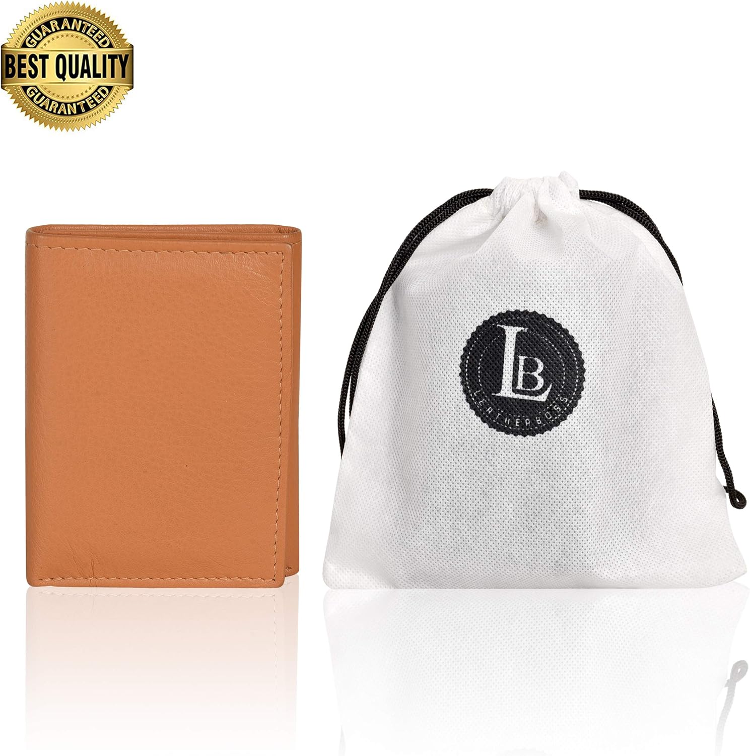 Leatherboss Leather Boys Slim Compact Flap Id Coin Pocket Trifold Wallet, Tan - Image 2