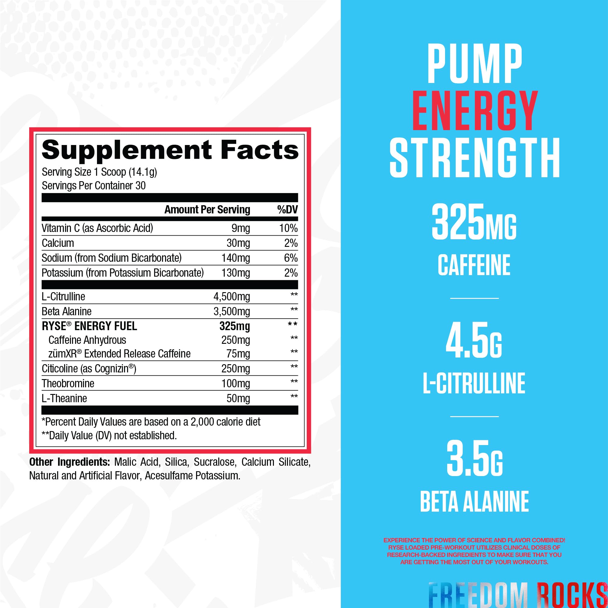Ryse Loaded Pre Workout Powder - Freedom Rocks - Daily Pre-Workout for Men & Women with 325mg Caffeine, Beta Alanine, and Citrulline for Pump, Focus, and Energy - 30 Servings — Amazon image 2
