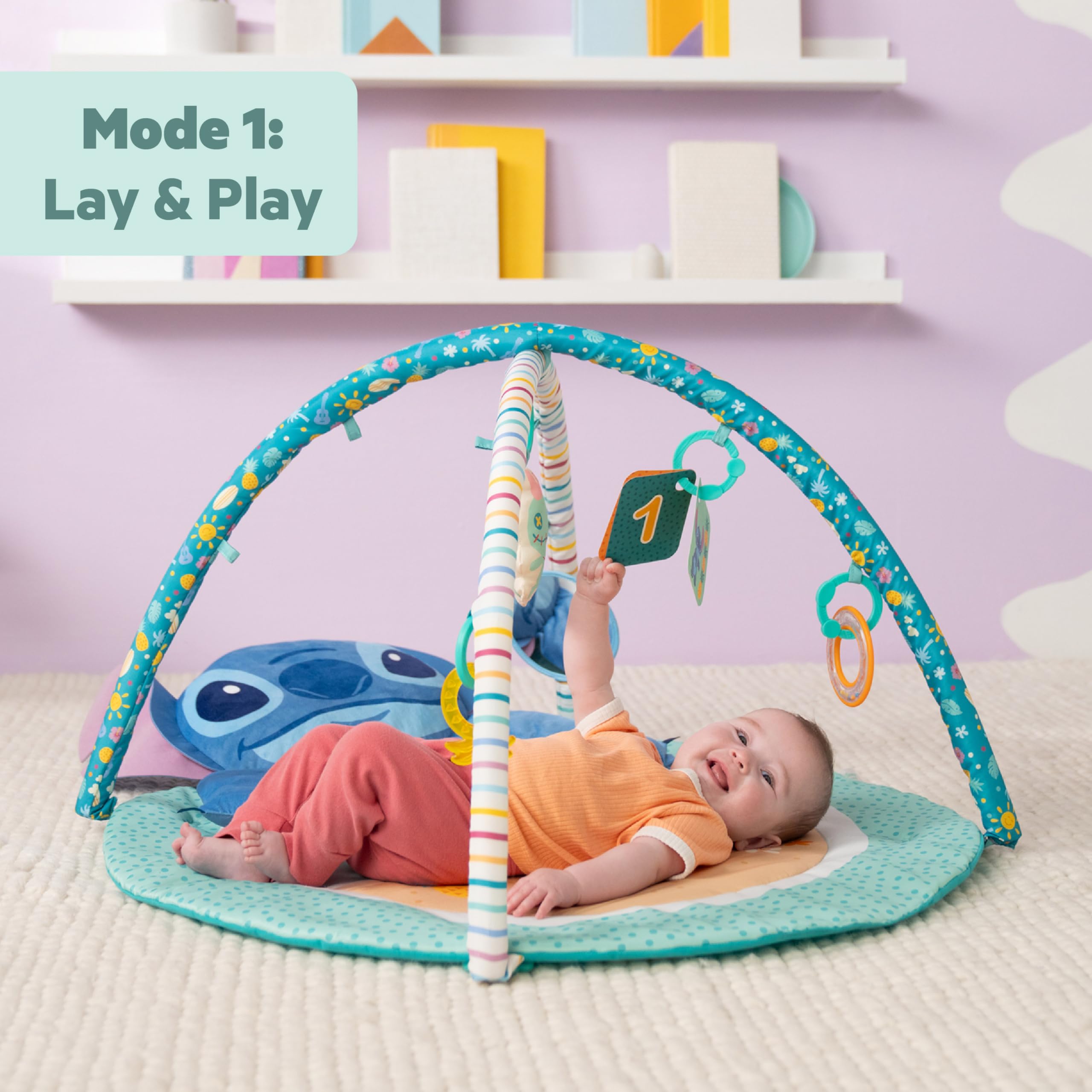 Bright Starts Disney Baby Stitch Party in Paradise - Palestrina multiattività con cuscino per tummy time e 5 giochi portatili, 0+ mesi