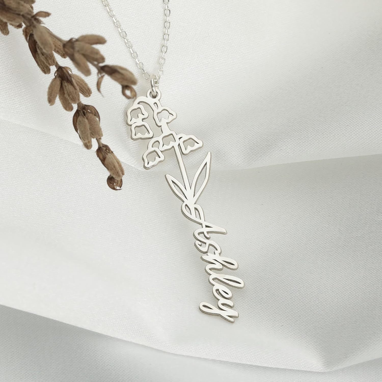 Handcrafted Sterling Silver Name Necklace with Birth Month Flower, Personalized Women’s Jewelry, Unique Birthday Surprise Gift