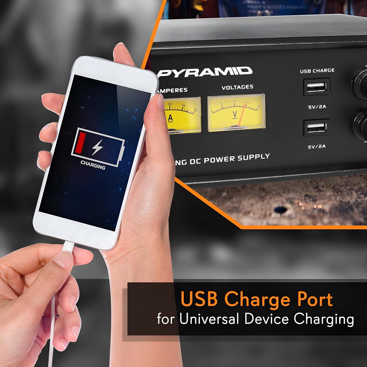 Pyramid Universal Compact Bench Power Supply – 50 Amp Variable Linear Regulated AC to DC Converter with Adjustable DC Voltage, Amperage Gauge, Volt Meter, USB Ports, AC to DC Converter 110V to 12V