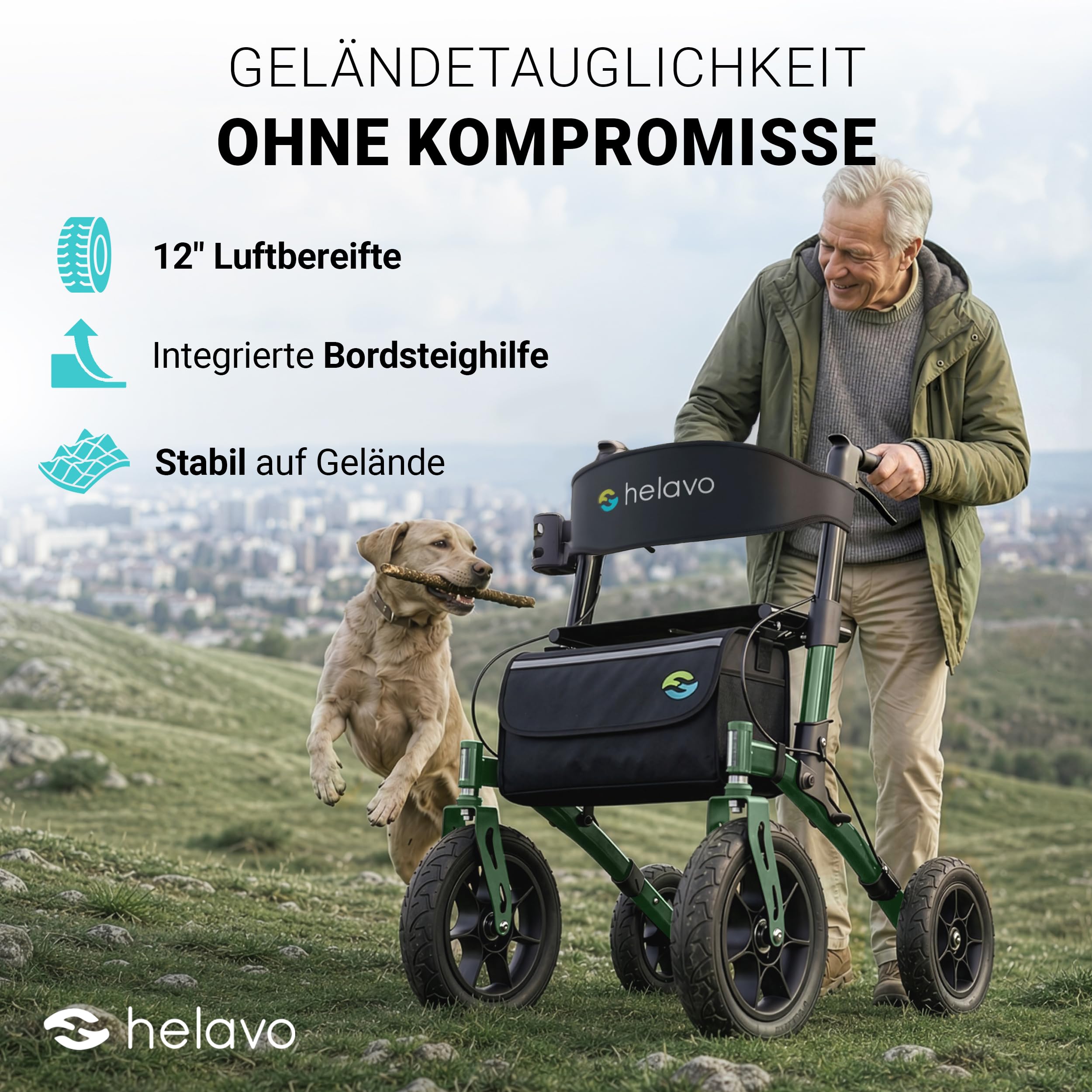Helavo Outdoor-Rollator mit Luftbereifung - Faltbarer Rollator mit Sitz & Lehne für Draußen - Komfortable & stoßdämpfende 12"/10" große Räder - Gehhilfe für Waldwege, Gras & Strand | 12" Luftreifen für maximalen Komfort - Mit Sitz & Rückenlehne - Nur 9,5