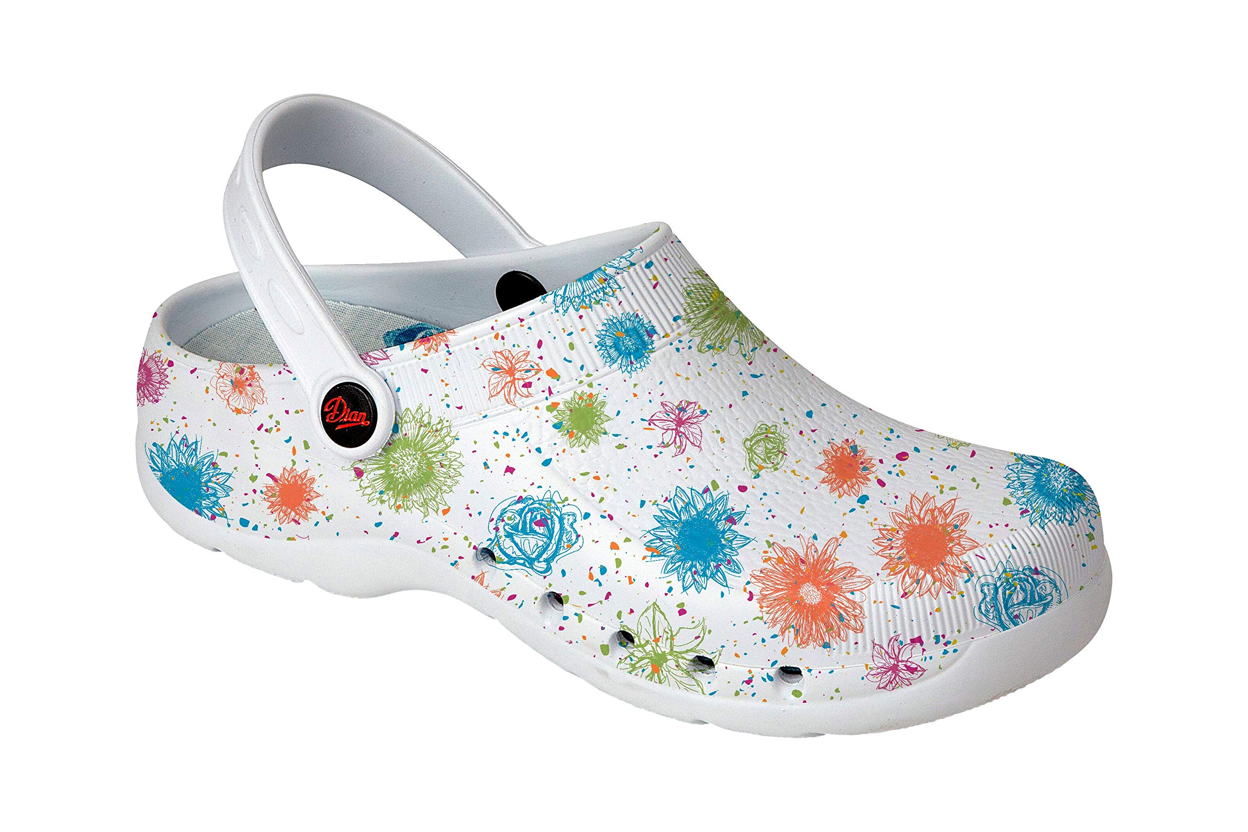 DIAN - Eva Stampata, Zoccolo Sanitario Ultra Leggero in Eva Senza Lattice, Traspirante, Antibatterico e Antiscivolo, Cinturino Pieghevole, pianta in PU Foderato e Rimovibile