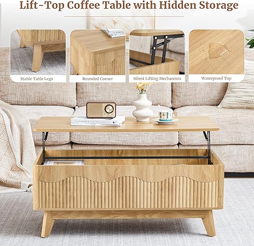 Miniatura 6 de BERRYMERRY Mesa de centro elevable con almacenamiento oculto, mesa de centro acanalada de granja con perfil ondulado, mesa central rectangular Roble