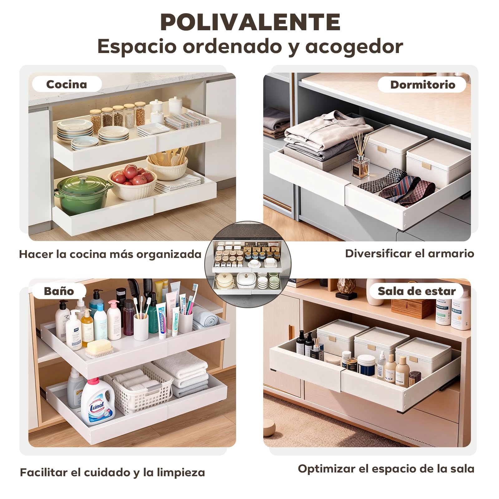 Paquete de 2 Organizador de Armario Extraíble Blanco – Ancho Ajustable 32-53 cm, Profundidad 42 cm – Cajón con Adhesivo para Cocina, Sin Taladrar