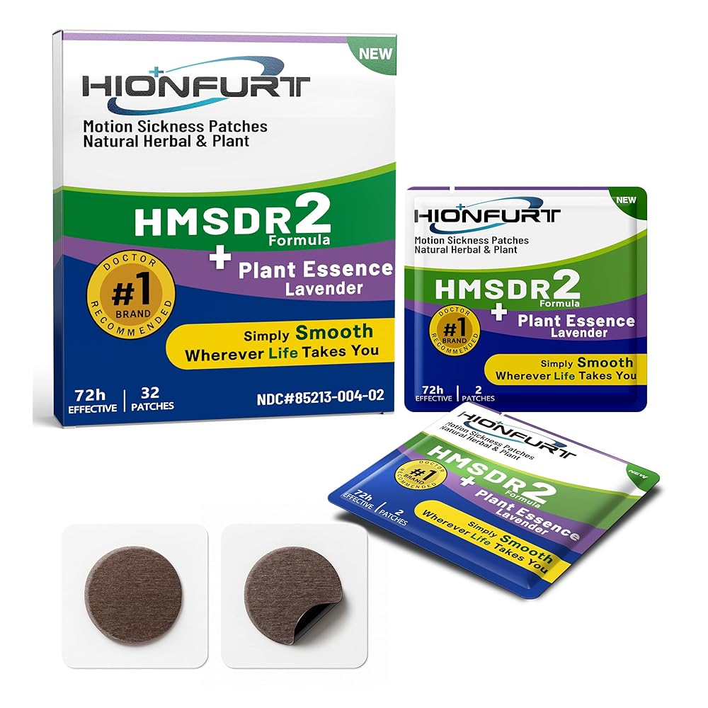 Hionfurt HMSDR2 32ct Motion Sickness Patches with Plant Essence - Lavender - Sea Sickness Patches for Cruise, Car, Airplane - Non-Drowsy, 72H Lasting