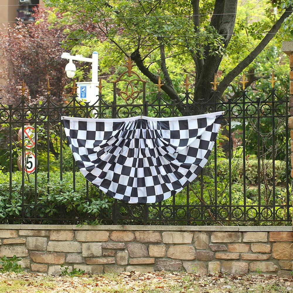 Checkered Racing Outdoor with Chequered Pleated Bunting 3 x 6 Ft Checkered Pleated 2 Pcs Fan Flag Banner Indoor/Outdoor/Front Porch Decorations, Black and White Racing Half Fan Flag Patriotic Holiday decorations, Sporting Events.