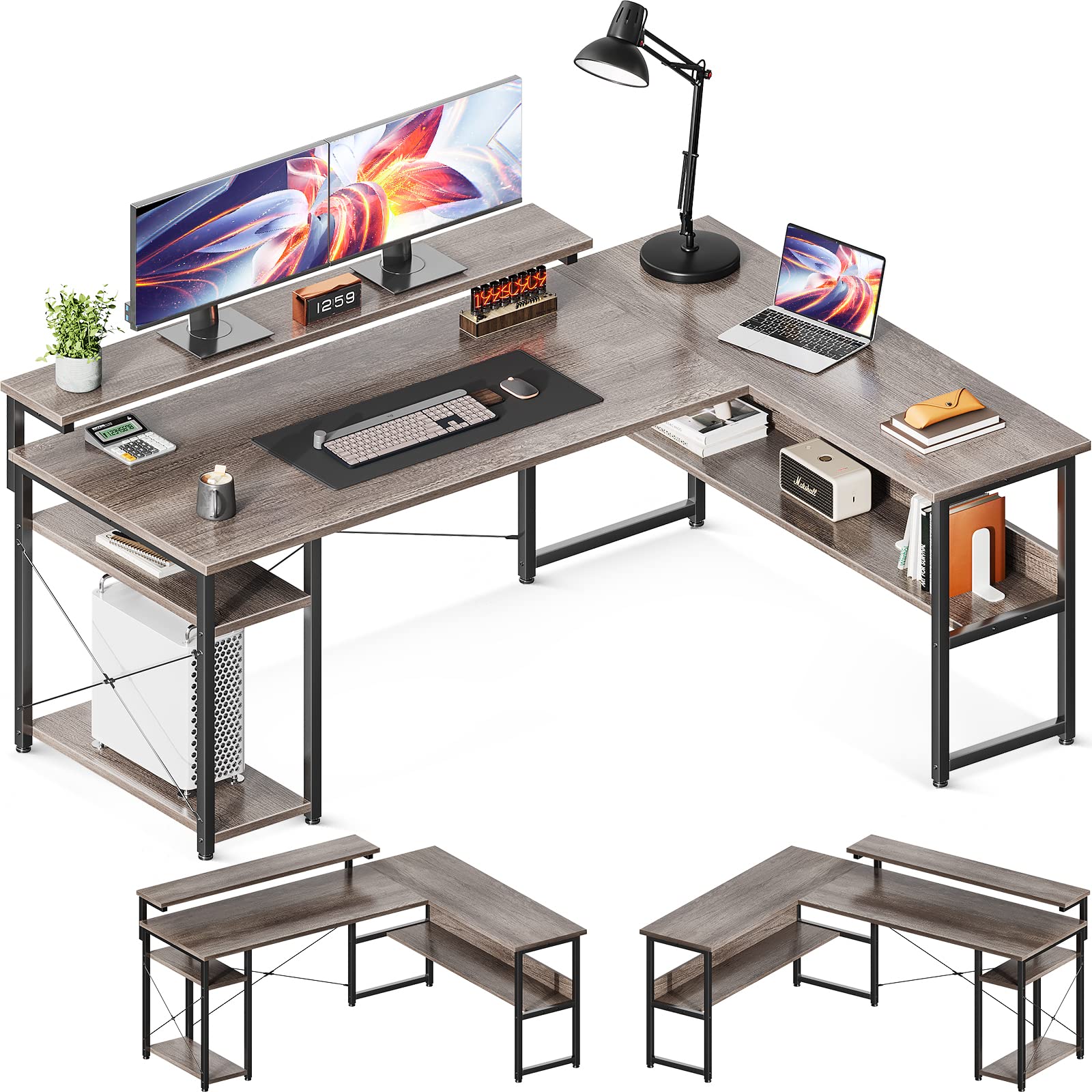 ODK L Shaped Computer Desk, 61" Reversible L Shaped Desk, Corner Computer Desk with Storage Shelves & Monitor Stand, Home Office Desk, Gaming Desk, Corner Desk, Writing Desk, Grey Oak