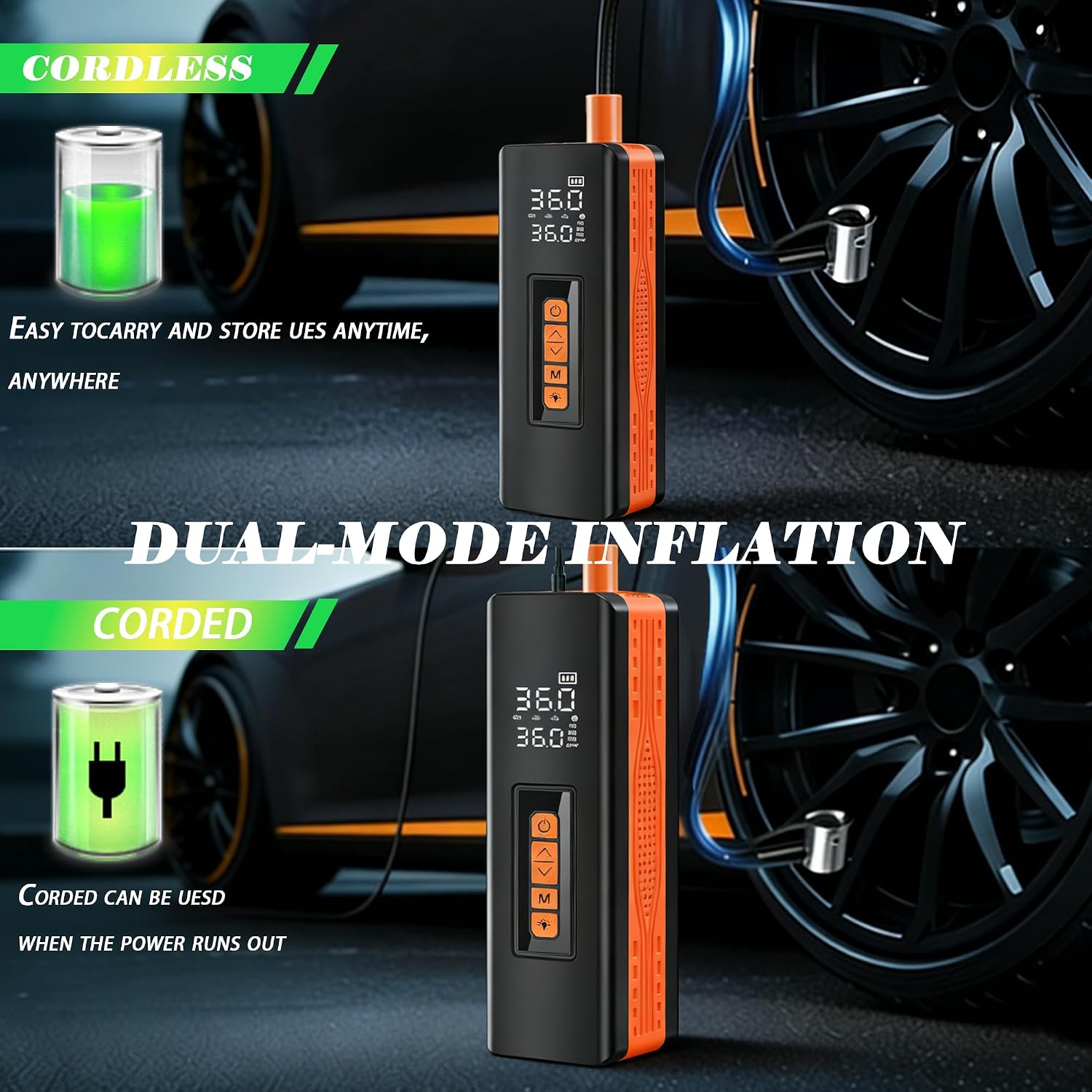 Tire Inflator Portable Air Compressor, 5X Faster Portable Air Compressor for Car Tires with Powerful Battery (Orange)