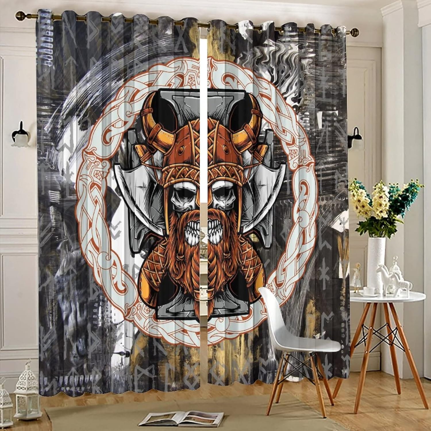 Cartoon Viking Curtains for Bedroom - Abstract Modern Art Mystery Symbols Norse Mythology Theme Window Drapes,Energy Saving Blackout Grommet Curtains 2 Panels 63L x 21W