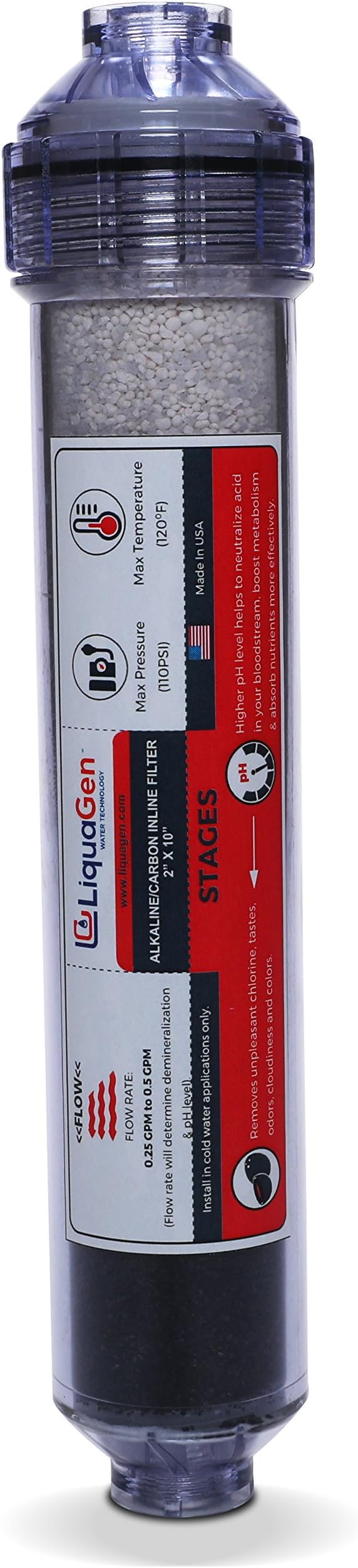 10" Alkaline + Catalytic Carbon High Purity pH+ Calcium Carbonate Inline Filter Kit For Reverse Osmosis Under Sink Water Filter Systems (Stage 5) | USA MADE