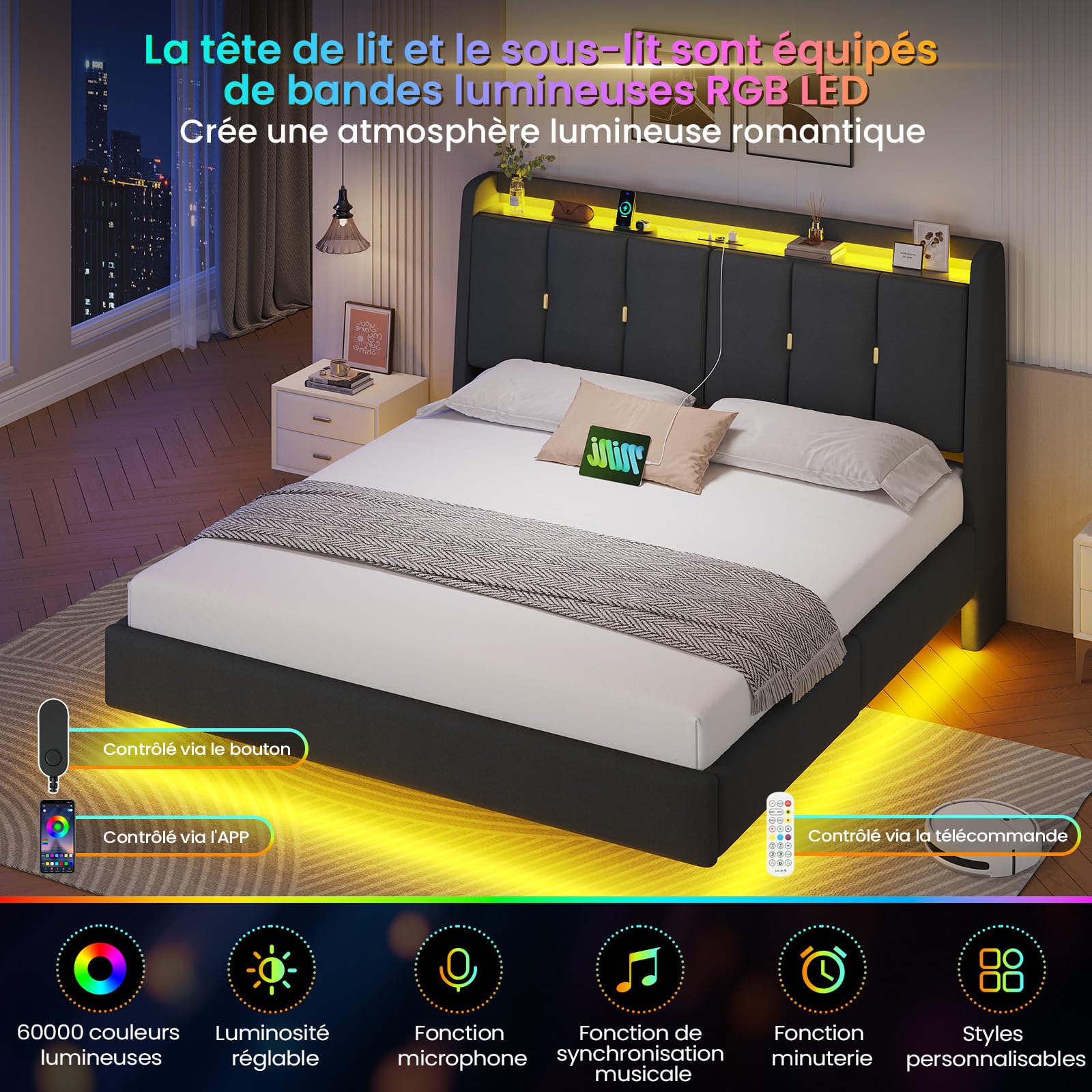 Brinlawb Lit Flottant 180x200 cm avec Dossier Confortable Incliné Rembourré et Rangement Caché, Lit 180x200 avec Sommier avec Éclairage LED et Multiprise (2 Prises AC, 1 USB-A et 1 USB-C) Lin Gris