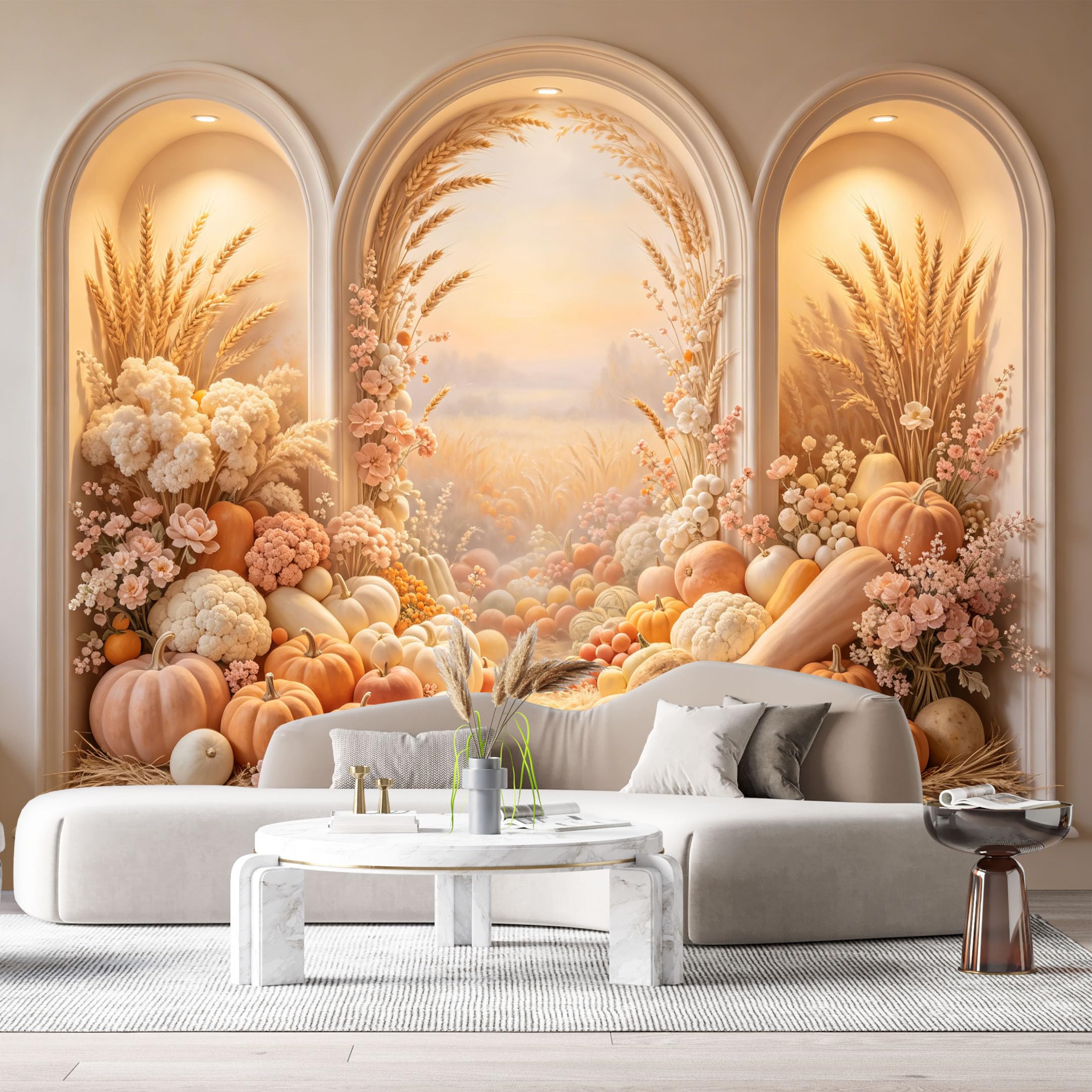 Custom Size Wall Murals Farmhouse Harvest Pumpkin Wheat Landscape 3D Trompe L'Oeil SelfAdhesiveWall Fabric Removable Wallpaper Wall Decor for Living Room Bedroom Bathroom