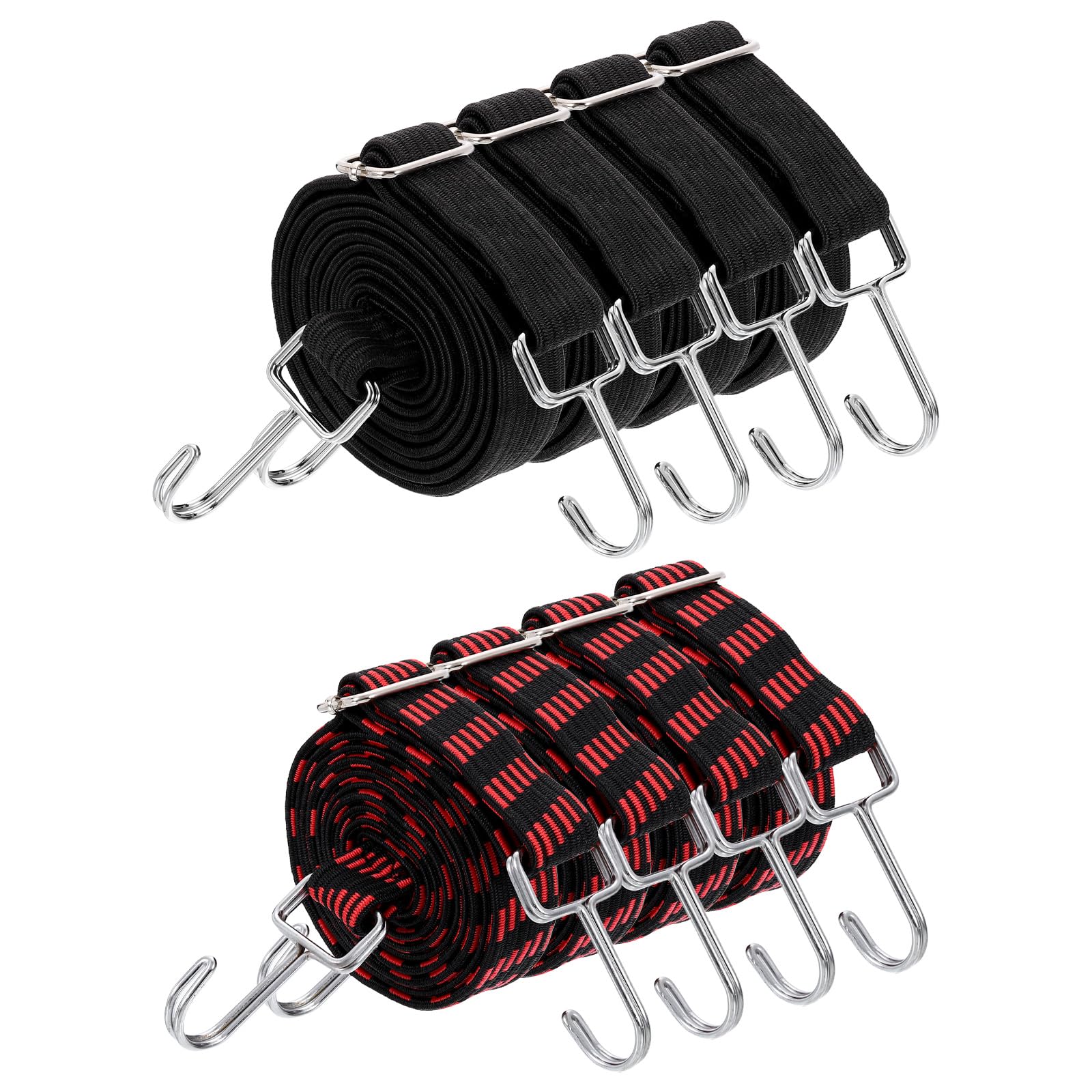 QUARKZMAN 8Pcs Corde Elastiche Regolabili con Ganci, 79 Pollici Cinghie Elastiche Piatte Resistente Corde Elastiche in Gomma con Fibbia per Esterno, Campeggio, Teli, Nero/Nero Rosso