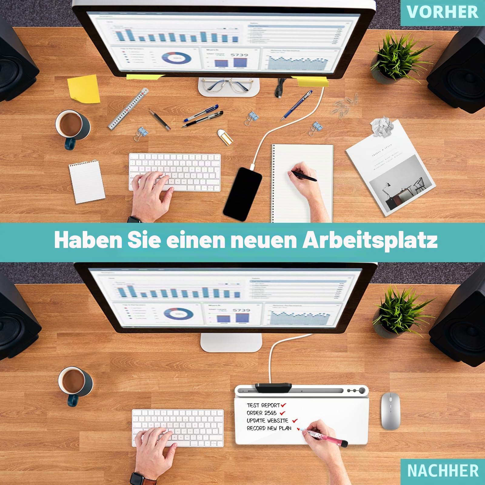 Glas Whiteboard Schreibtisch Organizer Staufach Weiß 40 x 18cm | Desk White Board Für kurze Notizen & Erinnerungen, Aufklappbares Fach mit Trennwand Organizer, Abwischbares inkl. 3 Marker