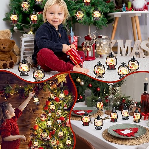 Miniatura 5 de ROCEEI 12 mini faroles de Navidad con conos de pino, bayas, ramas de pino parpadeantes, velas LED parpadeantes, farol de Navidad vintage con