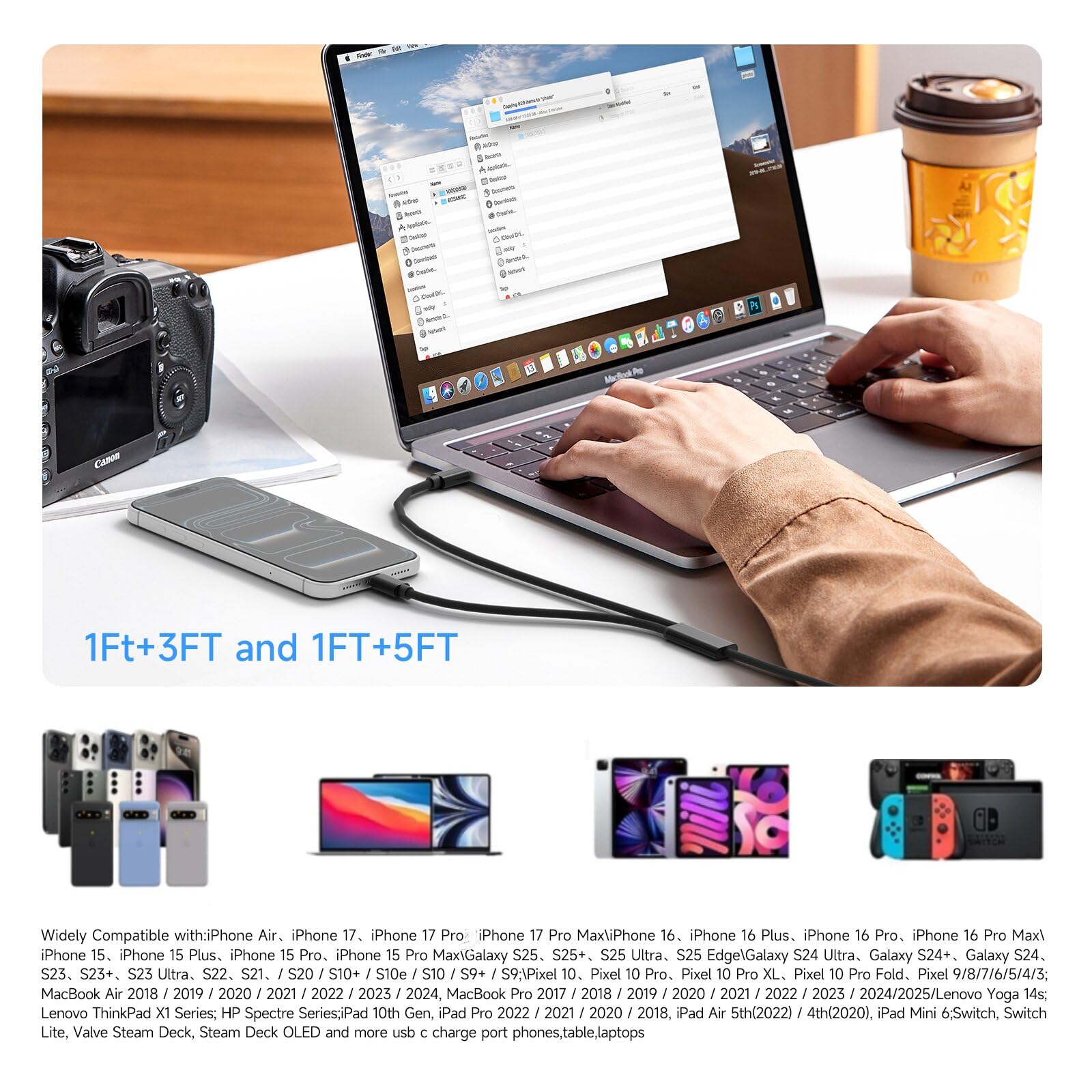 Kabel USB C na USB C 2 w 1, maks. 100 W, podwójny port, równoczesne szybkie ładowanie, dwa urządzenia, kompatybilny z MacBook/iPad/iPhone 17/16/15/Galaxy S25/24/Z Fold/Flip/ThinkPad/Laptop i innymi (2