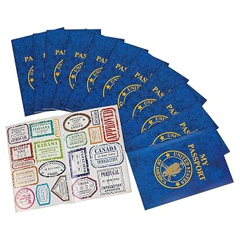 Kicko Passport Sticker Book for Boys and Girls 6in - 12 Pack Pad of Famous Places Motivational Treats, Party Favors, Game Prizes, Wall Decals, Scrapbooks, Collections, School Supplies, Arts and Crafts