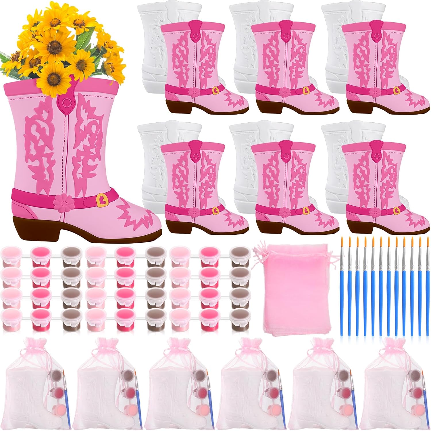 Seenelling 12 Set Cowboy Cowgirl Boot Vase Ceramics to Paint Ready to Paint Your Own Ceramic DIY Craft Unpainted Plaster Paintable Kit with Brush Palette for Bachelor Bachelorette Party(Cowgirl)