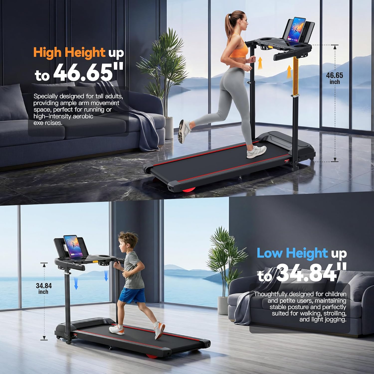 FUNMILY Walking Pad Treadmill with 15% Incline, 8 in 1 Foldable Treadmill with Desk Workstation & Adjustable Handle Bar, 3.5HP Low Noise Portable Treadmills for Home Small, 450 lbs Weight Capacity