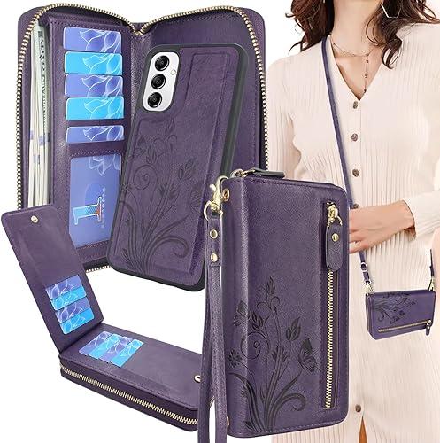 Lacass Funda tipo cartera magnética desmontable para Samsung Galaxy A14 5G 2023 con doble cremallera, correa de muñeca, 13 ranuras para tarjetas,