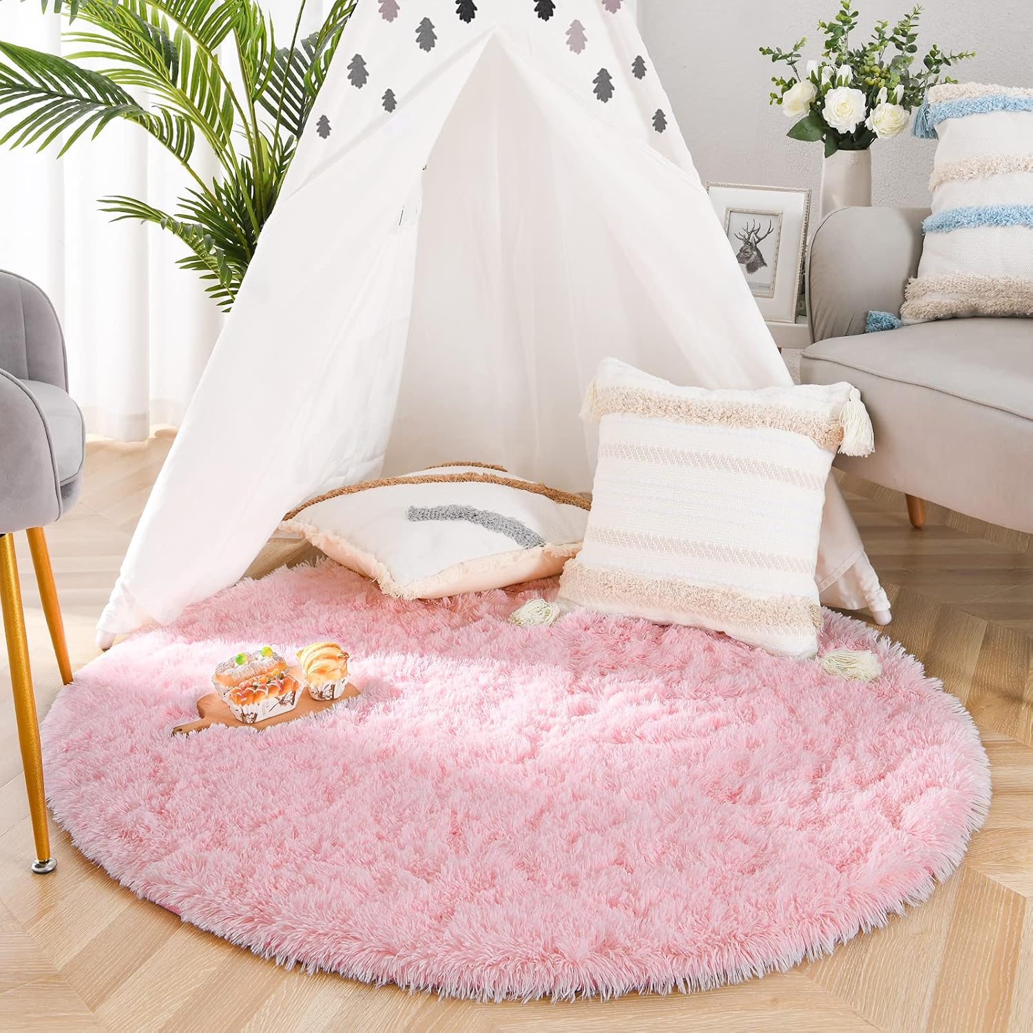 Noahas Soft Round Area Rug for Kids Room Circle Fluffy Rugs for Girls Bedroom, Shaggy and Furry Teepee Play Tent Mat Circular Carpet for Princess Tent Fuzzy Cute Girls Room Decor, 5 Feet, Pink