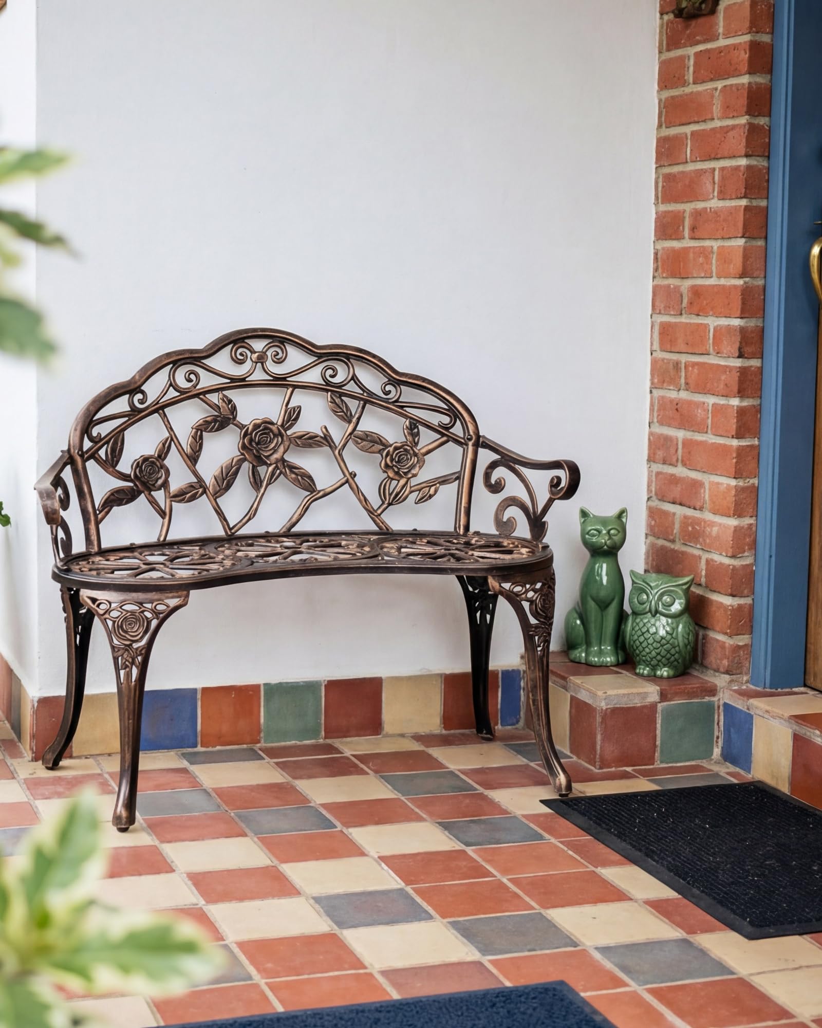 Banc de Jardin 2 Places, Banc d'Extérieur Métal 91cm Style Rétro Bronze avec Dossier Fleuri, Banquette de Jardin Robuste pour Terrasse Balcon Patio Jardin